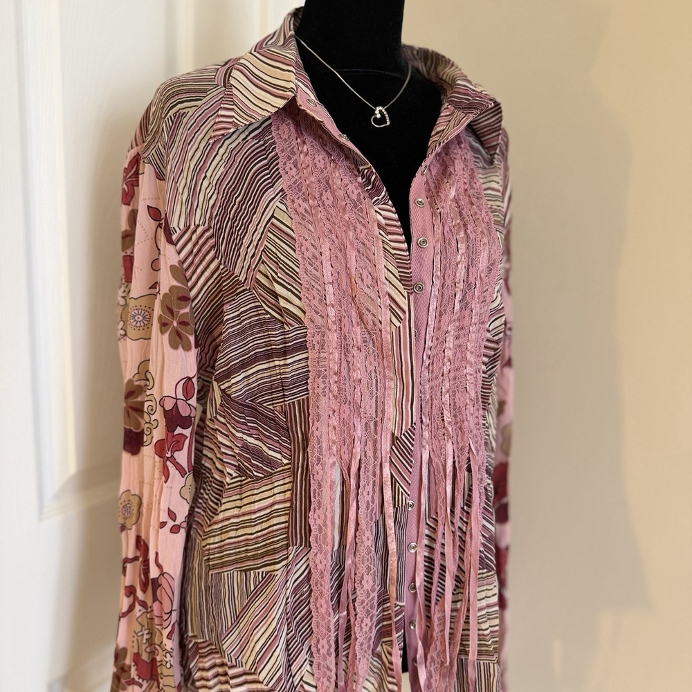 Jaipur Y2K ButtonUp Satin Fairy Crinkle Blouse Top Lace Pink Women XL VTG Whimsy - Picture 2 of 8